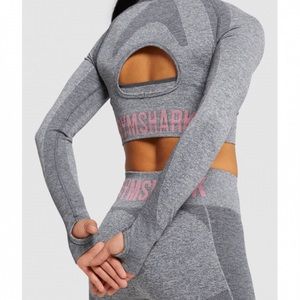 XS 2 PIECE Gymshark Cycling Shorts & Long Sleeve Crop Top - Charcoal Marl/Pink